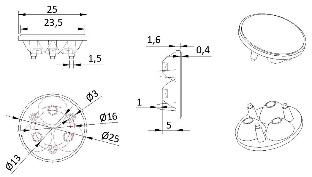 Flashlight Lens φ25mm Size PC/PMMA Material 93%+ Transmittance 3030&3535LEDs Indoor Lens