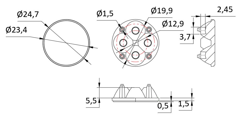 PMMA Material 3535LEDs 30° Available φ24.7mm Flighlight Lens